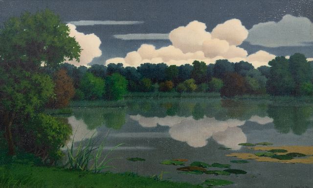 Ven W. van der | Bosmeer met weerspiegeling van wolken, bij Vriezenveen, olieverf op doek 60,0 x 99,6 cm, gesigneerd r.o. en gedateerd 1948