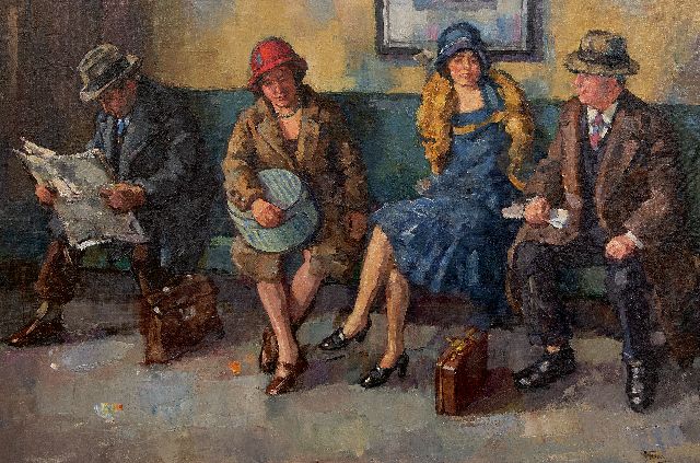 Fresco A.  | In de stationswachtkamer, olieverf op doek op paneel 60,9 x 90,0 cm, gesigneerd r.o.