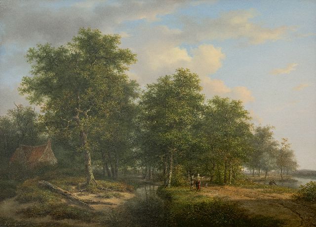 Andreas Schelfhout | Boslandschap met figuren bij een riviertje (pendant van winterlandschap), olieverf op paneel, 52,8 x 72,5 cm, gesigneerd l.o. en te dateren ca. 1815