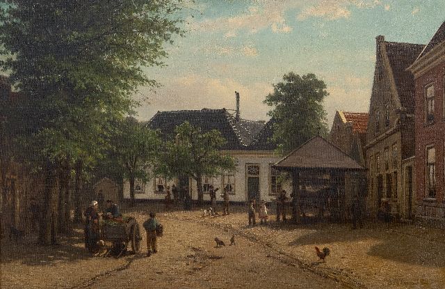 Coen Greive | Zonnige dorpsstraat met hoefsmid en groentenverkoper, olieverf op doek, 38,4 x 58,6 cm, gesigneerd r.o.
