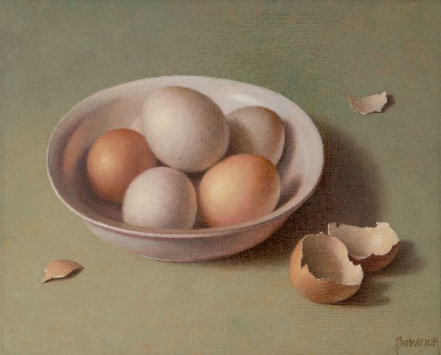 Bubarnik A.G.  | Stilleven met eieren in een kom, olieverf op paneel 24,1 x 30,1 cm, gesigneerd r.o.