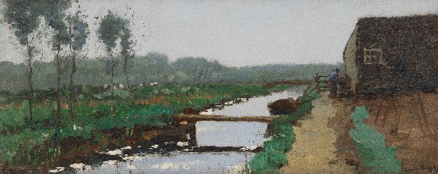 Cornelis Kuijpers | Landschap met boer en boerenschuur bij een sloot, olieverf op doek, 24,6 x 57,8 cm, gesigneerd r.o.