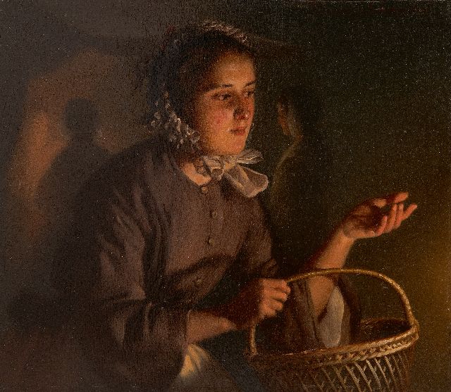 Petrus van Schendel | Op de avondmarkt bij kaarslicht, olieverf op paneel, 17,5 x 20,0 cm, gesigneerd r.b. en te dateren ca. 1862