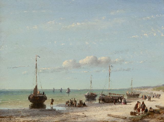 Andreas Schelfhout | Strandgezicht met schepen, vissers en elegante wandelaars, olieverf op paneel, 32,1 x 43,0 cm, gesigneerd l.o. en gedateerd '59