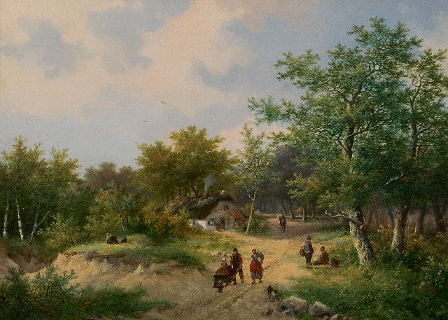 Hendrik Pieter Koekkoek | Boerenvolk op een boomrijke landweg, olieverf op paneel, 26,8 x 37,2 cm, gesigneerd m.o.