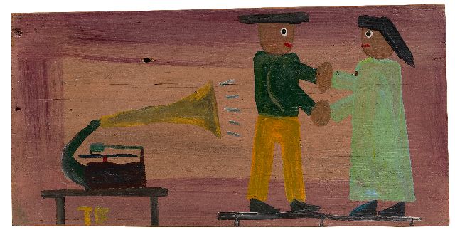 Tim Brown | Dansen bij de grammofoon, olieverf op hout, 21,6 x 42,0 cm, gesigneerd l.o. en verso met monogram en te dateren 1960-1970 verkocht