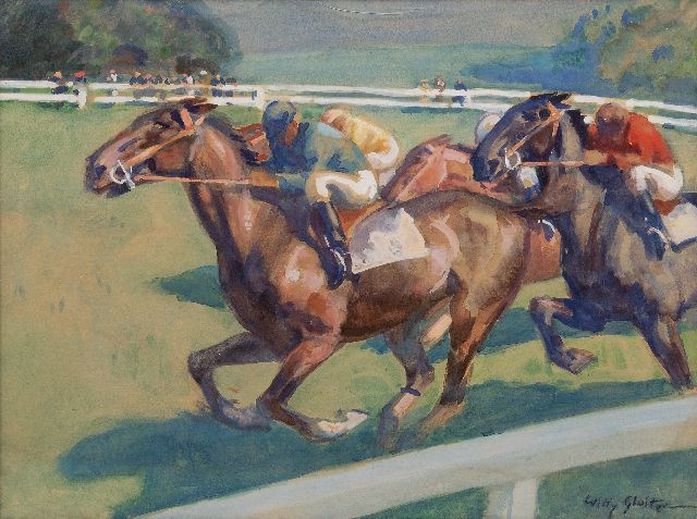 Willy Sluiter | De paardenrace, aquarel en gouache op papier, 48,4 x 64,7 cm, gesigneerd r.o.