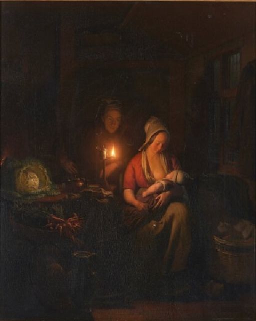 Petrus van Schendel | Interieur met moeder en kind, olieverf op paneel, 55,5 x 45,5 cm, gesigneerd r.o. en gedateerd 1865