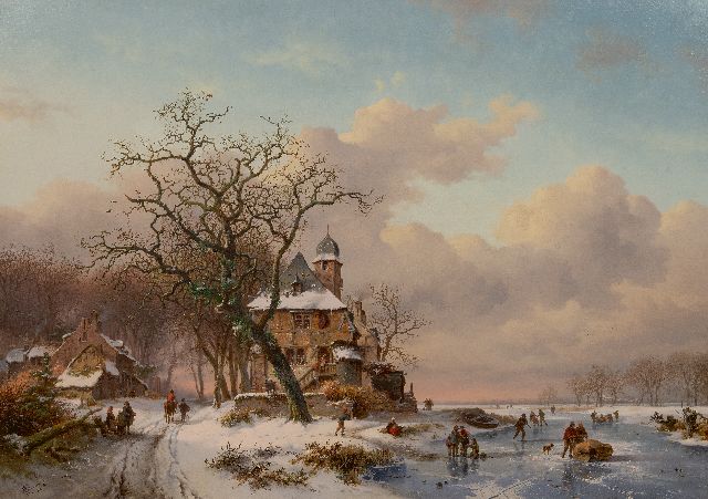 Frederik Marinus Kruseman | Winterlandschap met een landhuis en schaatsvolk op een bevroren vaart, olieverf op doek, 78,6 x 108,6 cm, gesigneerd l.o. en gedateerd 1861  GERESERVEERD