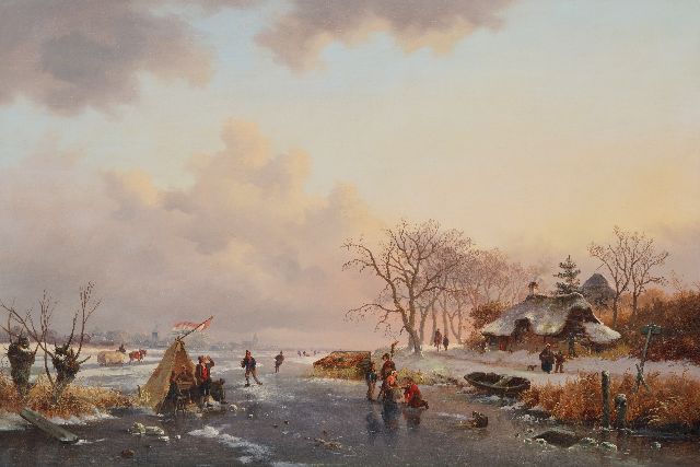 Frederik Marinus Kruseman | Winterlandschap met schaatsers en een 'Koek-en-Zopie', olieverf op paneel, 52,1 x 77,8 cm, gesigneerd l.o. en te dateren ca. 1850