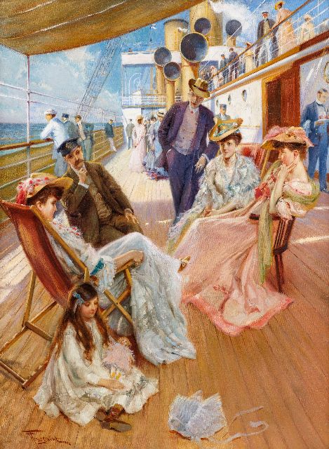 Fernand Toussaint | Elegant gezelschap aan boord van een oceaanstomer, olieverf op doek, 74,4 x 54,0 cm, gesigneerd l.o.