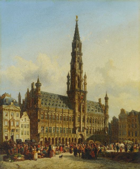 Cornelis Springer | Het Stadhuis van Brussel met levendige groentemarkt, olieverf op doek, 76,5 x 63,5 cm, gesigneerd r.o. en ca.1845   reserved