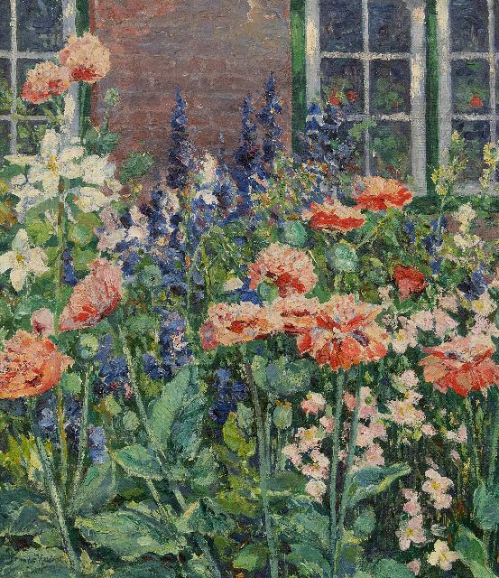 Kuchel M.  | Tulpen en ridderspoor in de tuin, olieverf op doek 49,7 x 42,2 cm, gesigneerd l.o. en te dateren ca. 1910