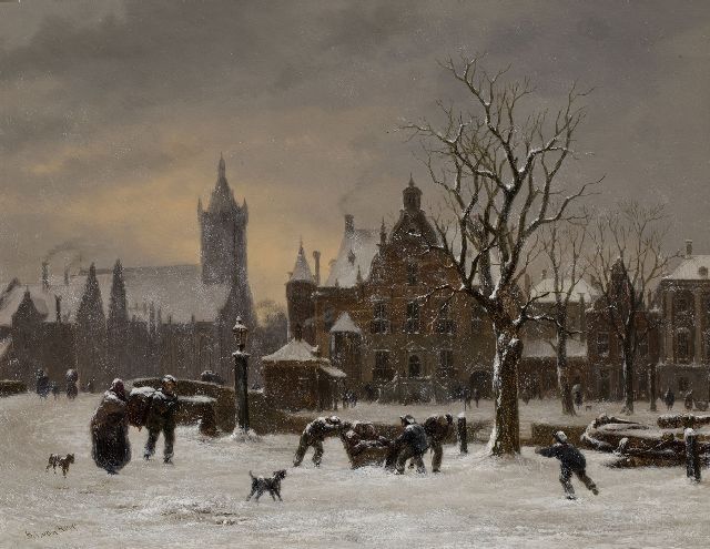Bart van Hove | Winters stadsgezicht met de Oude Kerk in Delft, olieverf op paneel, 24,7 x 31,5 cm, gesigneerd l.o.