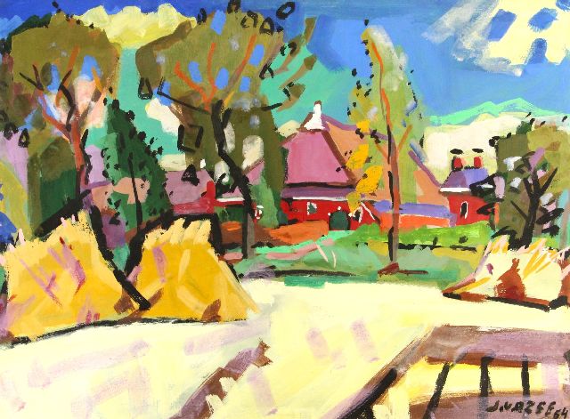 Jan van der Zee | twee werken: Landschap met boerderij; verso: Dorpsgezicht met draaibrug, gouache op papier, 54,0 x 74,0 cm, gesigneerd r.o. en gedateerd '54