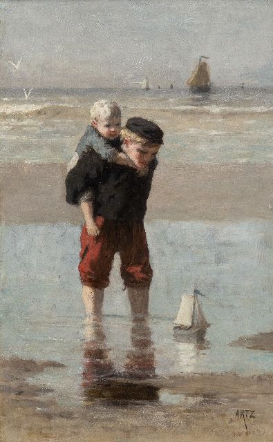 David Artz | Standgezicht met spelende kinderen, olieverf op doek, 44,5 x 27,5 cm, gesigneerd r.o.