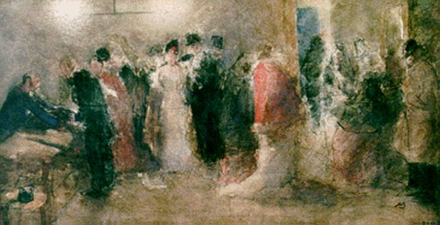 Bauer M.A.J.  | The cloakroom of the 'Haagse Stadsschouwburg', Aquarell auf Papier 24,3 x 43,8 cm, signed l.r. with monogram und datiert 1886