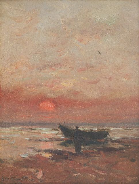 Morgenstjerne Munthe | Strandansicht bei Abenddämmerung, Öl auf Holz, 14,0 x 17,5 cm, Unterzeichnet l.u.