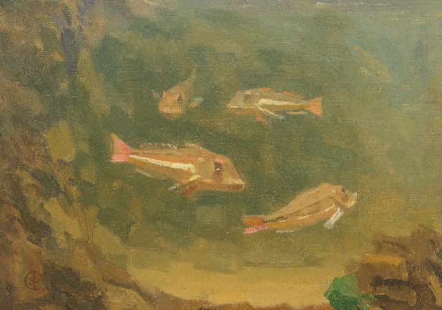 Dijsselhof G.W.  | Rode ponen in een aquarium (niet te koop), olieverf op doek op paneel 18,5 x 24,5 cm, gesigneerd l.o. met mon