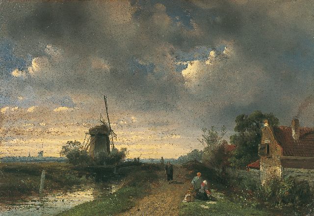Leickert C.H.J.  | Travellers on a path in a river landscape, Öl auf Holz 17,7 x 25,7 cm, signed l.l.