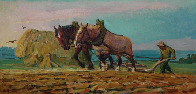 Herman Gouwe | Ploughing horses and farmer, Öl auf Leinwand, 43,3 x 85,5 cm, signed l.l.