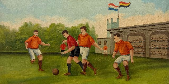Hollandse School, begin 20e eeuw | Voetballers, olieverf op doek op schildersboard, 44,5 x 88,0 cm, te dateren ca. 1930