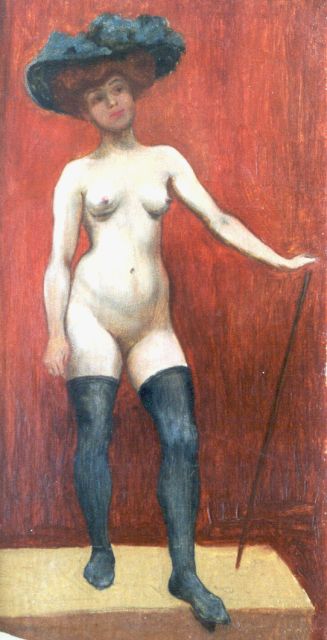 Belgische School omg. Felicien Rops | Naakte vrouw met kousen en elegante hoed, olieverf op doek, 44,5 x 23,3 cm, te dateren ca. 1925