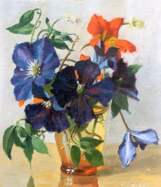 Jan Bakker | Clematis in glazen vaas, olieverf op paneel, 26,0 x 23,0 cm, gesigneerd r.o.