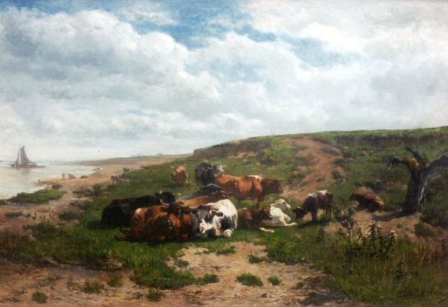 Haas J.H.L. de | Rustend vee op een rivieroever, Öl auf Leinwand 48,7 x 71,0 cm, gesigneerd r.o.