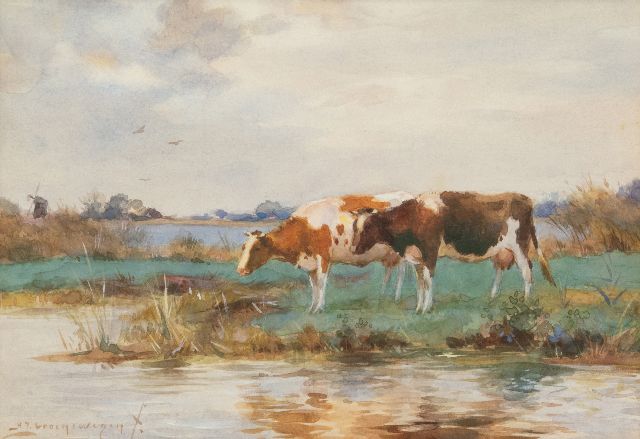 Groenewegen A.J.  | Trinkendes Vieh, Aquarell auf Papier 18,0 x 25,5 cm, Unterzeichnet l.u.