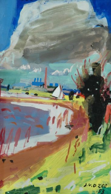 Zee J. van der | Landschap bij Groningen, gouache op papier 54,0 x 30,0 cm, gesigneerd r.o. en gedateerd '53