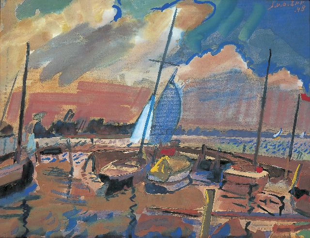 Zee J. van der | Jachthaven Visser aan het Paterswoldsemeer, gouache op papier 51,0 x 65,0 cm, gesigneerd r.b. en gedateerd '48