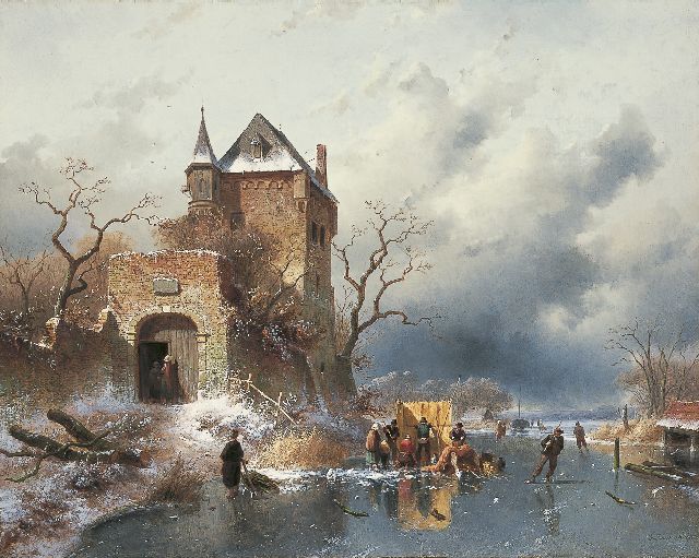 Leickert C.H.J.  | A winter landscape with skaters on the ice, Öl auf Leinwand 58,7 x 73,3 cm, signed l.r. und dated '63