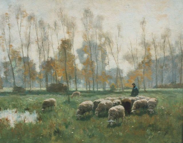 Steelink jr. W.  | A shepherd and flock in a meadow, Öl auf Leinwand 39,0 x 50,0 cm, signed l.r.