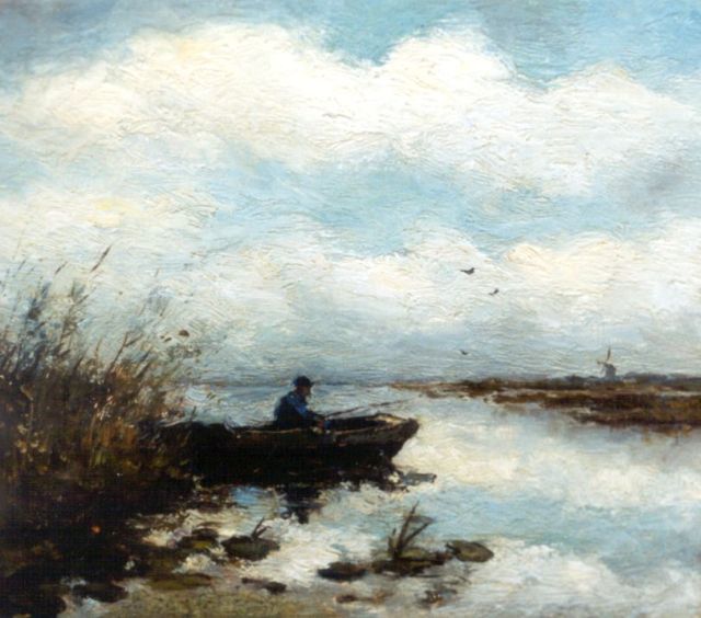 Jan Hendrik Weissenbruch | A polder landscape with a fisherman in a barge, Öl auf Holz, 16,2 x 18,2 cm, signed traces of signature c.l.