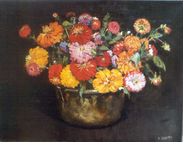 Berend Adrianus Bongers | Zinnia's in koperen pot, olieverf op doek, 44,6 x 56,9 cm, gesigneerd r.o.