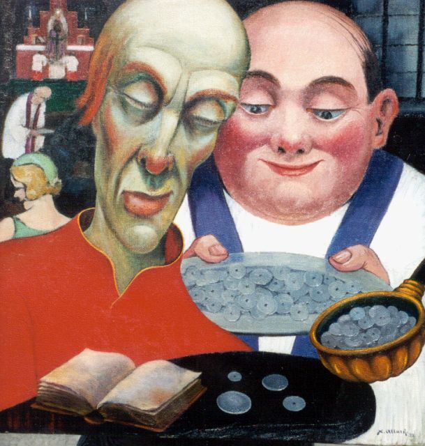 Xavier Allard | De collecte in de kerk, olieverf op doek, 70,2 x 65,7 cm, gesigneerd r.o. en gedateerd '32