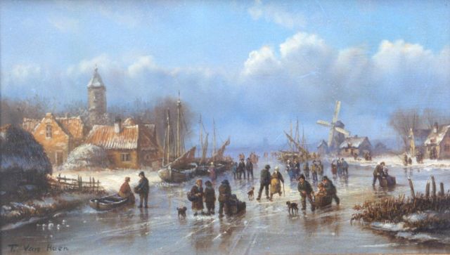 T. van Haen | IJspret, olieverf op paneel, 16,0 x 26,9 cm, gesigneerd l.o.