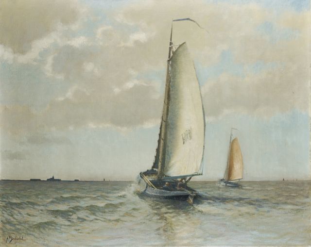 A.P. Schotel | Volendamse botter op de Zuiderzee bij Marken, olieverf op doek, 80,3 x 100,5 cm, gesigneerd l.o.