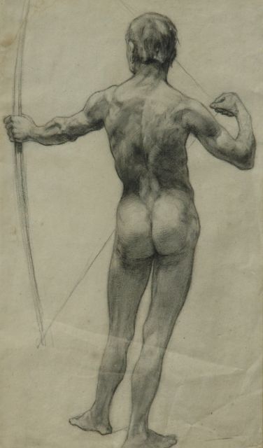 Onbekend 20e eeuw (1e helft)  | Naaktstudie van man, op de rug gezien i.o., houtskool en krijt op papier 52,0 x 17,0 cm