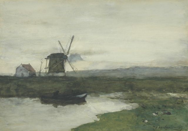 Jan Hendrik Weissenbruch | A windmill in a polder landscape, Aquarell auf Papier, 34,5 x 49,6 cm, signed l.r.