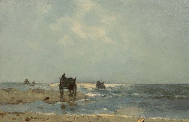 Jan Hendrik Weissenbruch | Schelpenvissers op het Scheveningse strand, olieverf op doek, 60,7 x 93,3 cm, gesigneerd l.o. en gedateerd '94