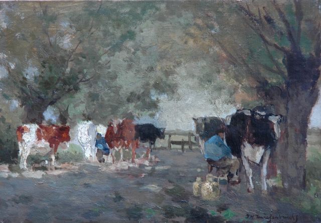 Jan Hendrik Weissenbruch | Milking the cows, Öl auf Leinwand auf Holz, 20,8 x 29,7 cm, signed l.r.