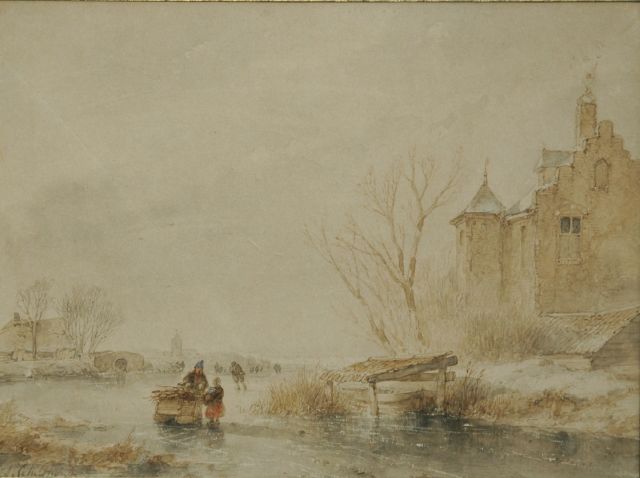 Schelfhout A.  | Skaters on the ice by a fortified building, Sepia und Aquarell auf Papier 20,0 x 27,0 cm, signed l.l.