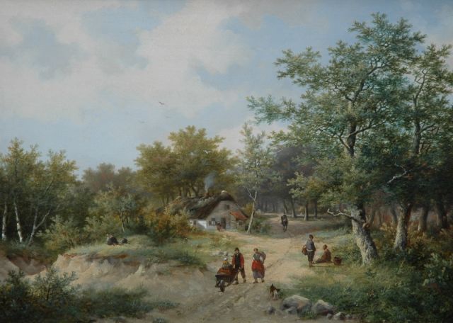 Hendrik Pieter Koekkoek | Travellers on a path in a wooded landscape, Öl auf Holz, 26,8 x 37,2 cm, signed l.c.
